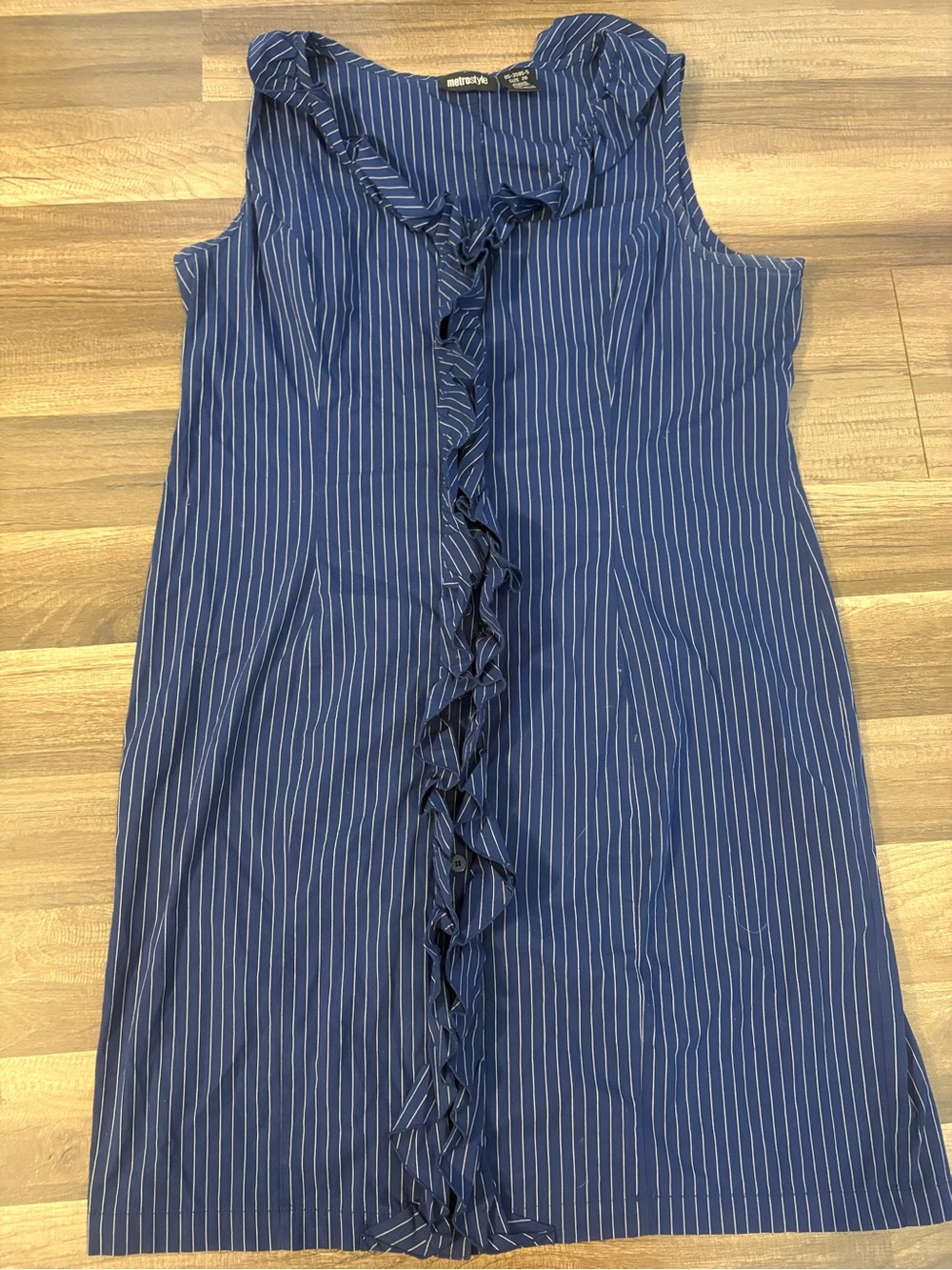 Metrostyle Blue Pinstripe Ruffle Front Sleeveless Dress